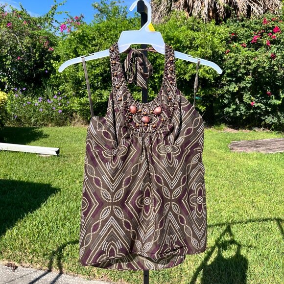 BCBGMAXAZRIA y2k Brown Babydoll Halter Wood Beaded Floral Print Top Size M - Picture 1 of 9